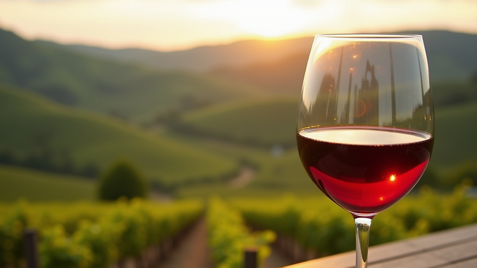 Close-up view of a wine glass filled with red wine against a backdrop of vineyard hills