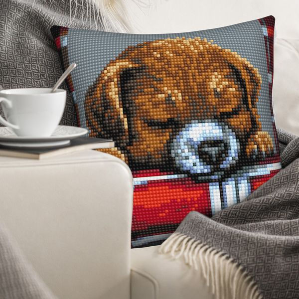 Thumbnail: Cushion cross stitch printed kit needlepoint_40x40 cm (16"x16")  Sleepy puppy 5482