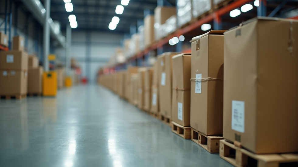 Eye-level view of packages lined up at a shipping facility