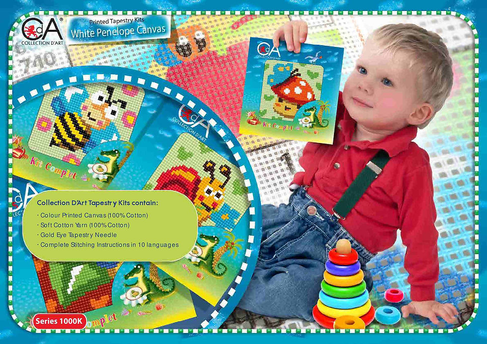 Child in red shirt holds a tapestry kit with colorful animal designs. Background features bright toys, text detailing kit contents.