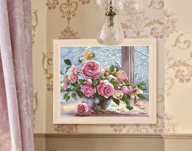 Thumbnail: Diamond Embroidery Painting kit full coverage, square sparkles  Roses on the winter window  DE7133, Collection D'Art