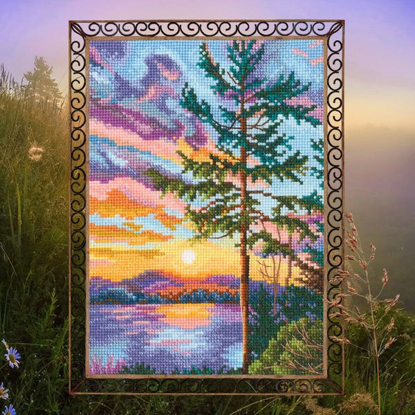 Thumbnail: RTO counted cross stitch kit Lake sunset M1021  Design: 14x19 cm ("5.5x"7.5), DMC, Zweigart