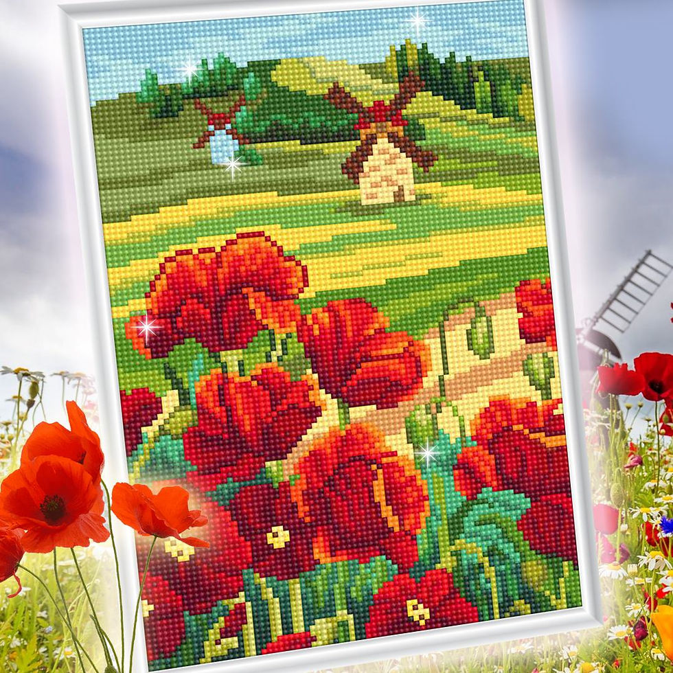 Diamond painting of red poppies with a windmill in a lush field. Vivid colors and pixelated detail create a bright, cheerful scene.
