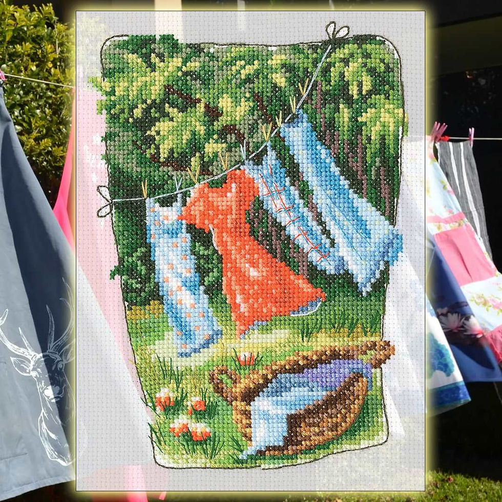 Thumbnail: RTO Counted cross stitch kit Laundry in garden C348, DMC, Zweigart
