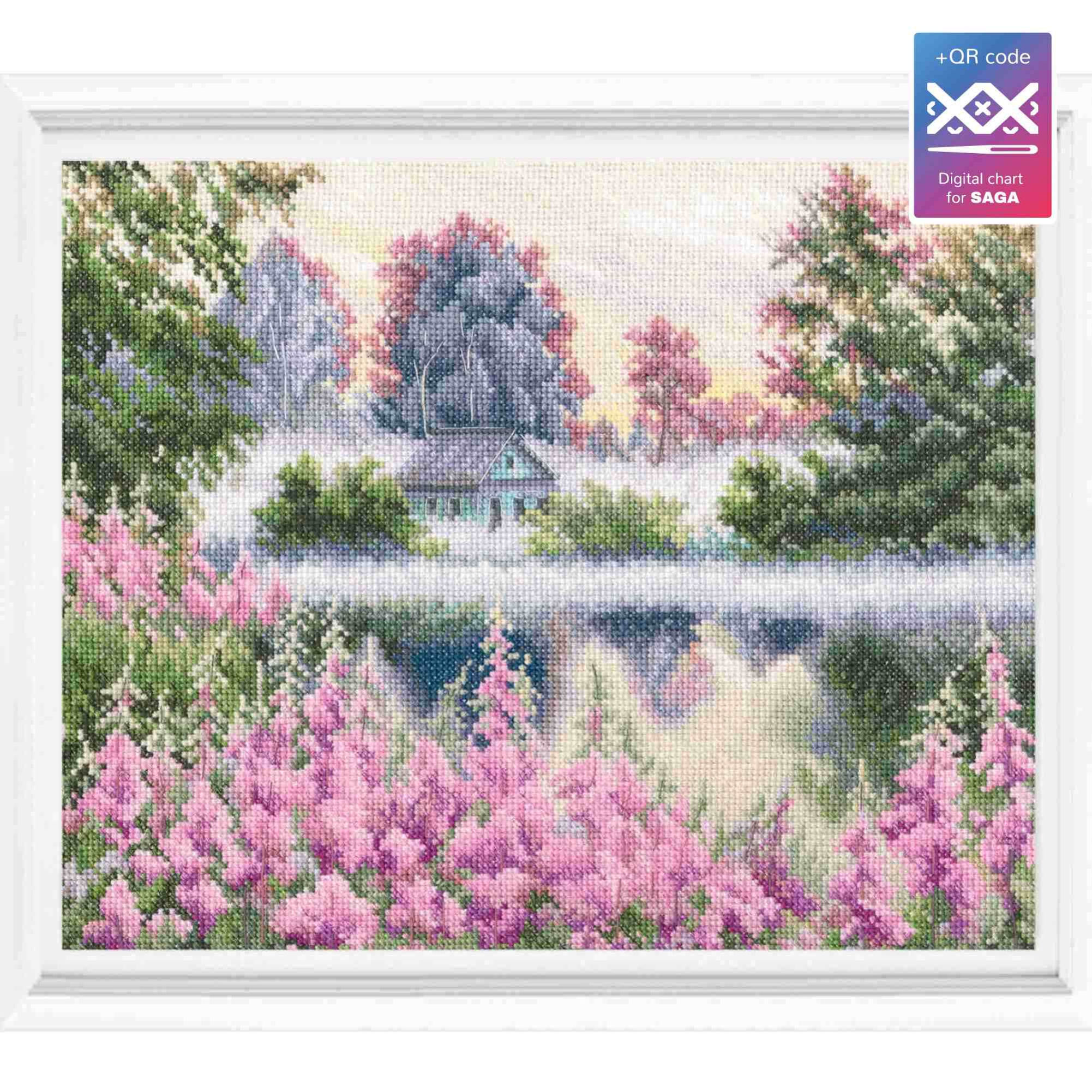 RTO counted cross stitch kit Pink blossom landscape M987  Design: 30,5x24,5 cm ("12x"9.6), DMC, Zweigart