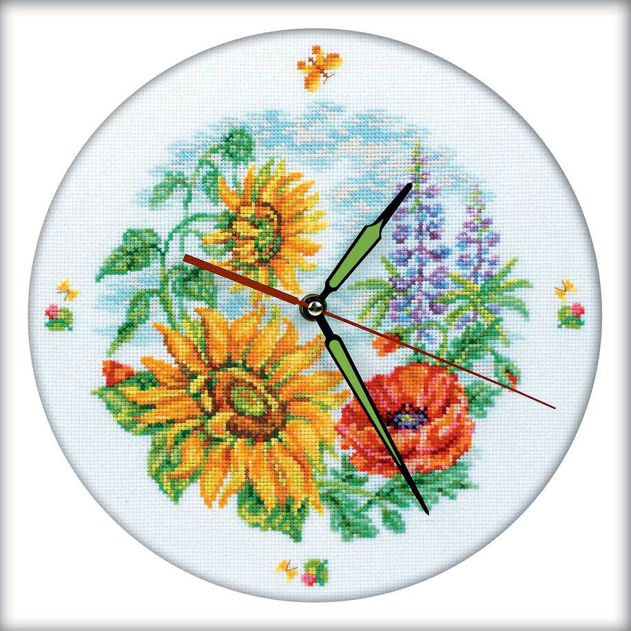 RTO counted cross stitch kit - clock (contains clockwork) Sunflowers and poppies_M40007, DMC, Zweigart