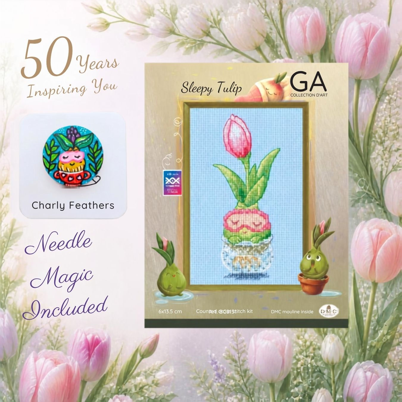 Collection D’Art counted cross stitch kit Sleepy tulip and Needleminder