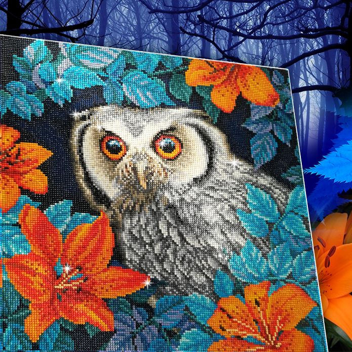 Diamond Embroidery Painting kit full coverage, square sparkles  Owl and lilies DE7122, Collection D'Art