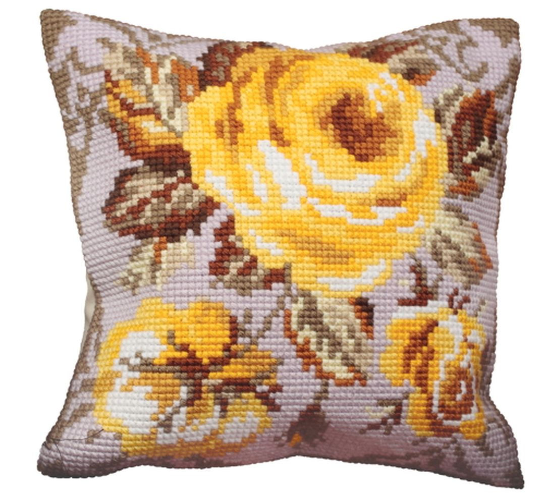 Cushion cross stitch printed kit needlepoint_40x40 cm (16"x16") Yellow rose 5051