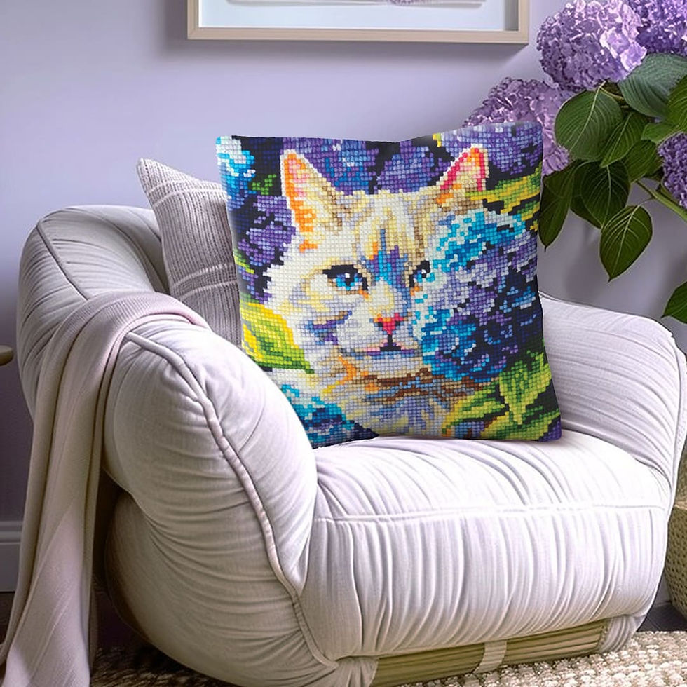 Thumbnail: Cushion cross stitch printed kit needlepoint_40x40 cm (16"x16")  Cat in hydrangea 5501