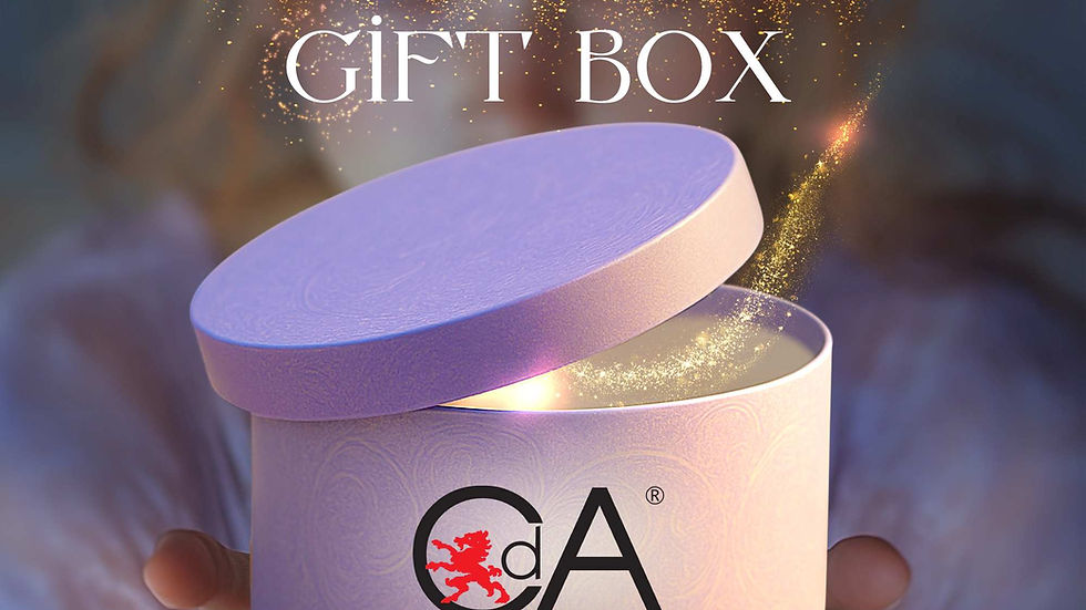 Lavender box with lid slightly open, emitting golden sparkles. Text: "MYSTERY GIFT BOX" and "NEEDLEPOINT TAPESTRY KITS." Mood is magical.