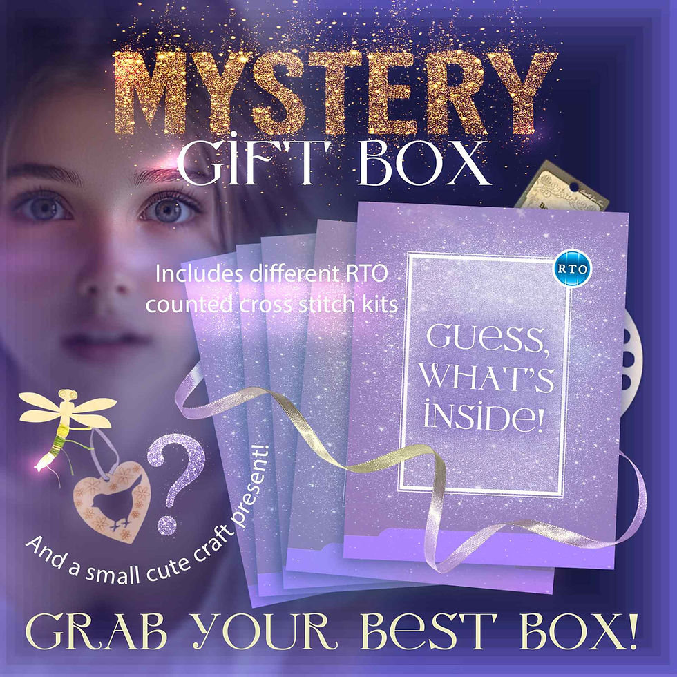 Mystery gift box ad with purple sparkles, guessing theme, and includes RTO cross-stitch kits. Text: "Grab Your Best Box!" Emotive and curious tone.