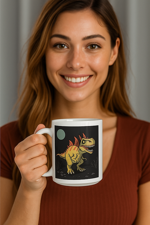 Middle Aged Women Holding a Spinosaurus Designed Mug.
