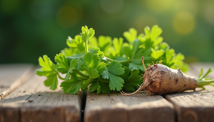 Close-up view of fresh cleavers and burdock roots on a wooden surface