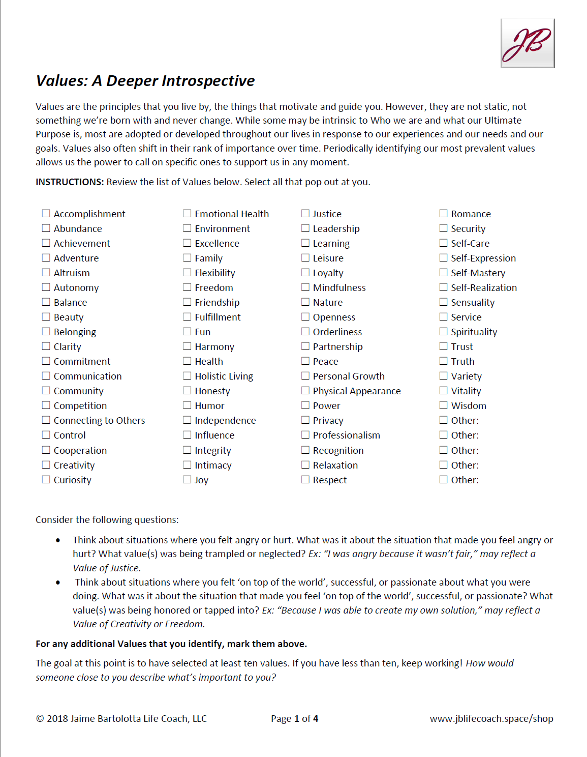 Values: A Deeper Introspective Pack - NB