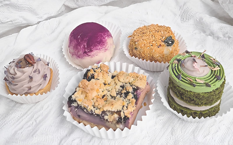 Assorted vegan pastries and cakes for different dietary preferences