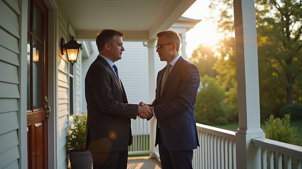 Eye-level view of a mobile notary meeting a client at a home porch