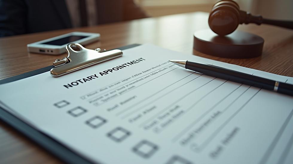 High angle view of a desk with a notary appointment checklist and ID card