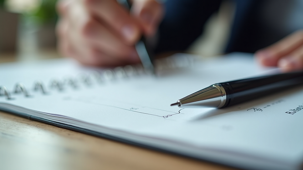Eye-level view of a notebook and pen for signing documents