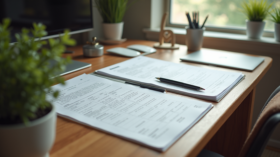 High angle view of a serene home office with documents organized on a desk