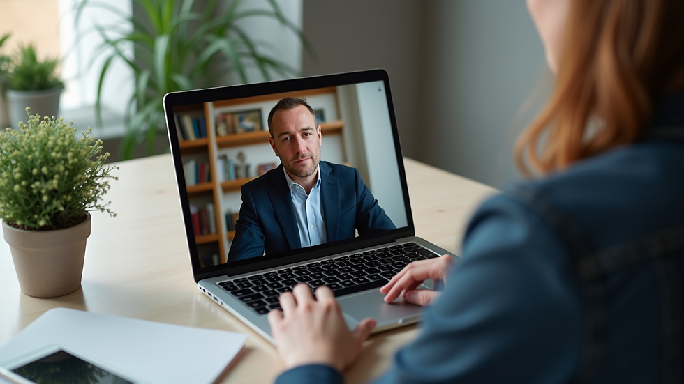High angle view of a laptop screen showing a video call with a notary public