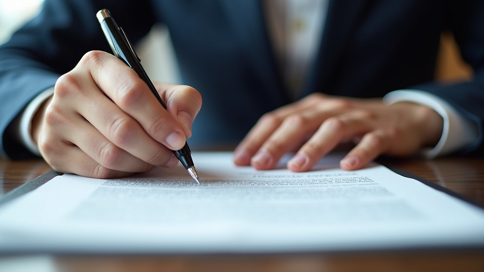 Close-up of a notary public’s hand holding a pen over a legal document
