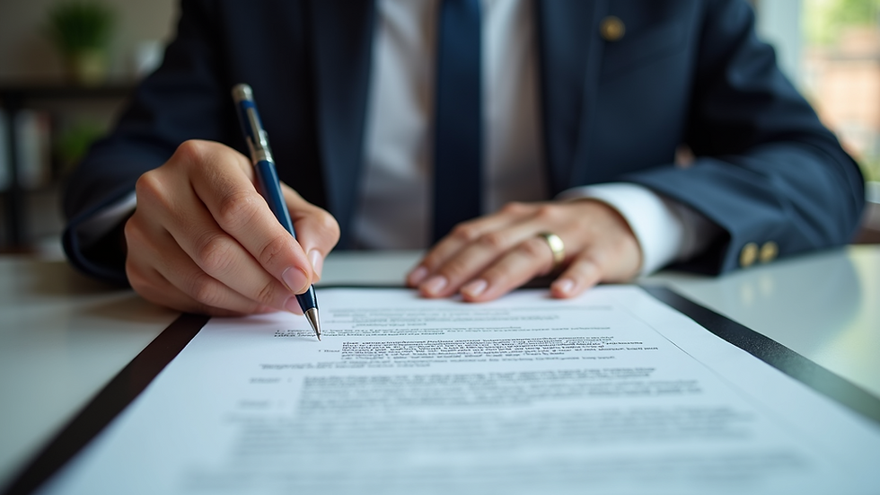 Close-up of a notary agent reviewing loan documents at a desk