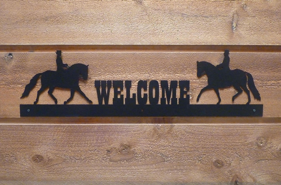 Laser-cut dressage welcome sign with lady and man riders.