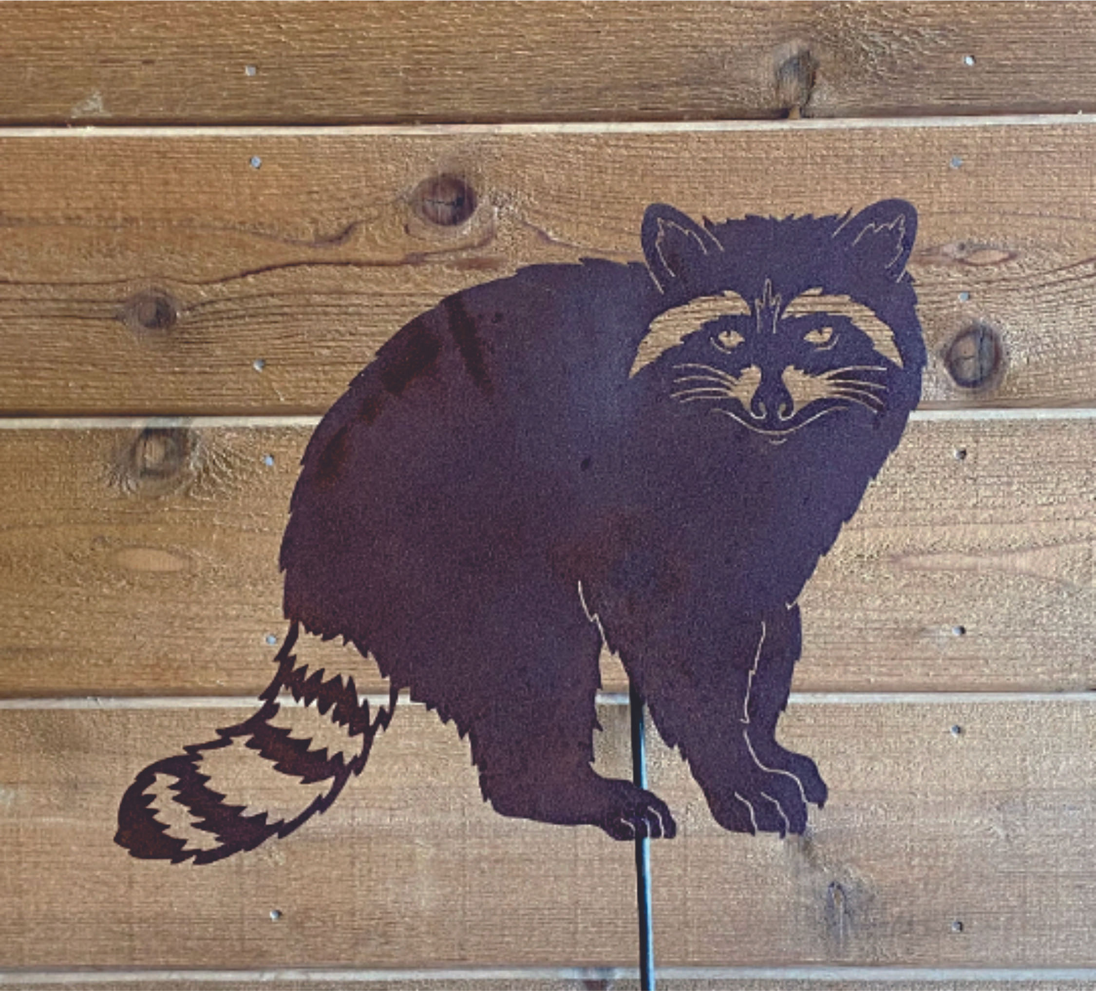 Raccoon Garden Stake - Laser-Cut Design, Natural Rust Finish