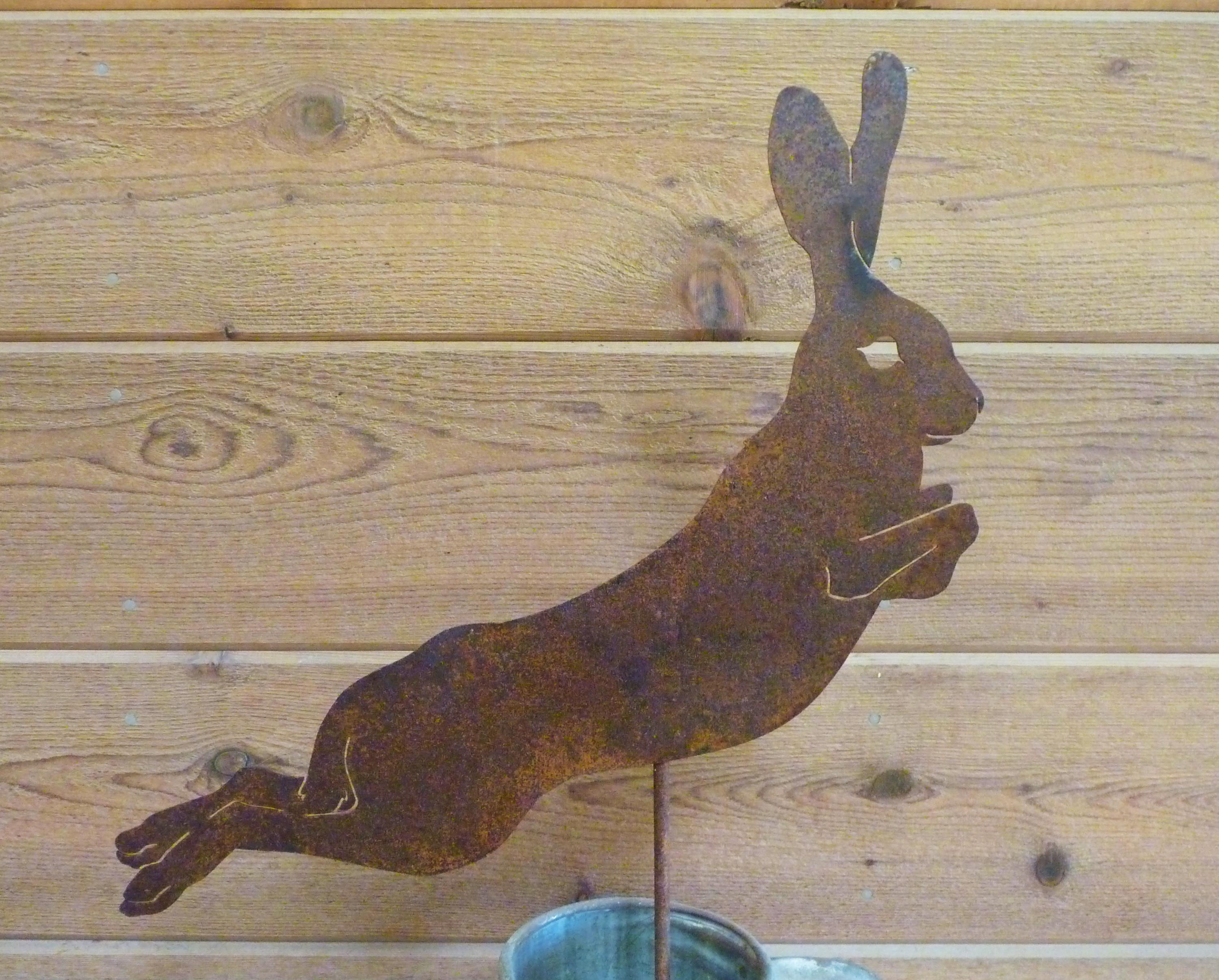 Upward Leaping Rabbit Garden Stake - Laser-Cut Design, Natural Rust Finish