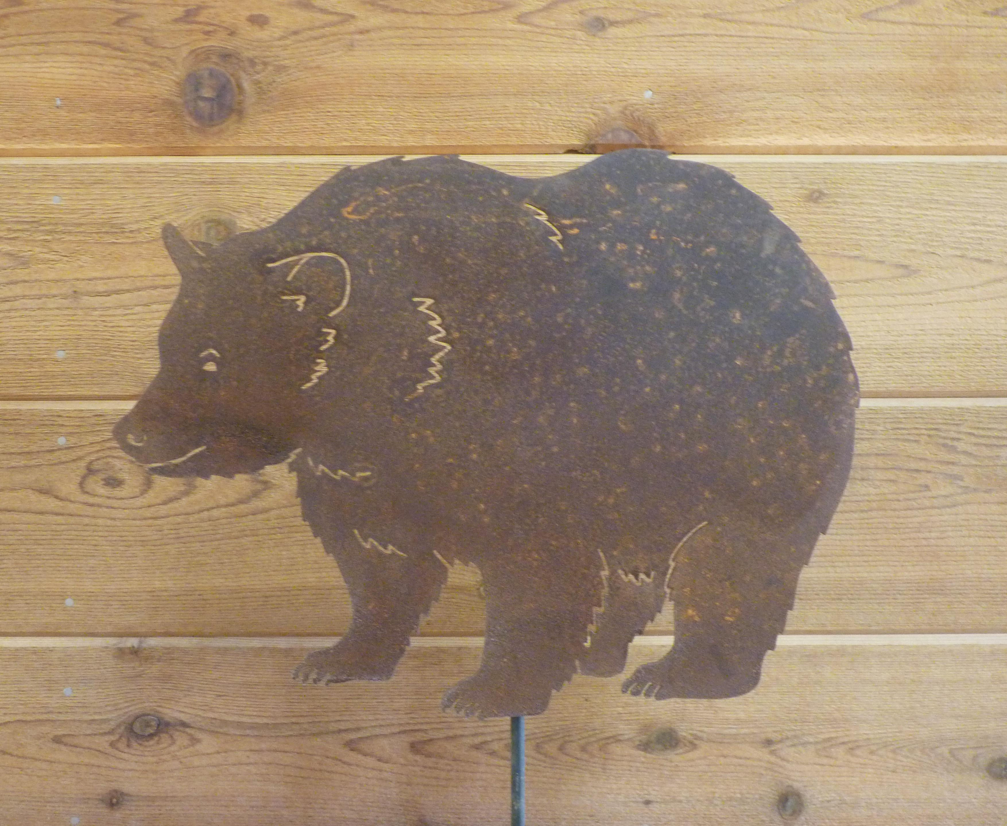 Bear Garden Stake - Laser-Cut Design, Natural Rust Finish