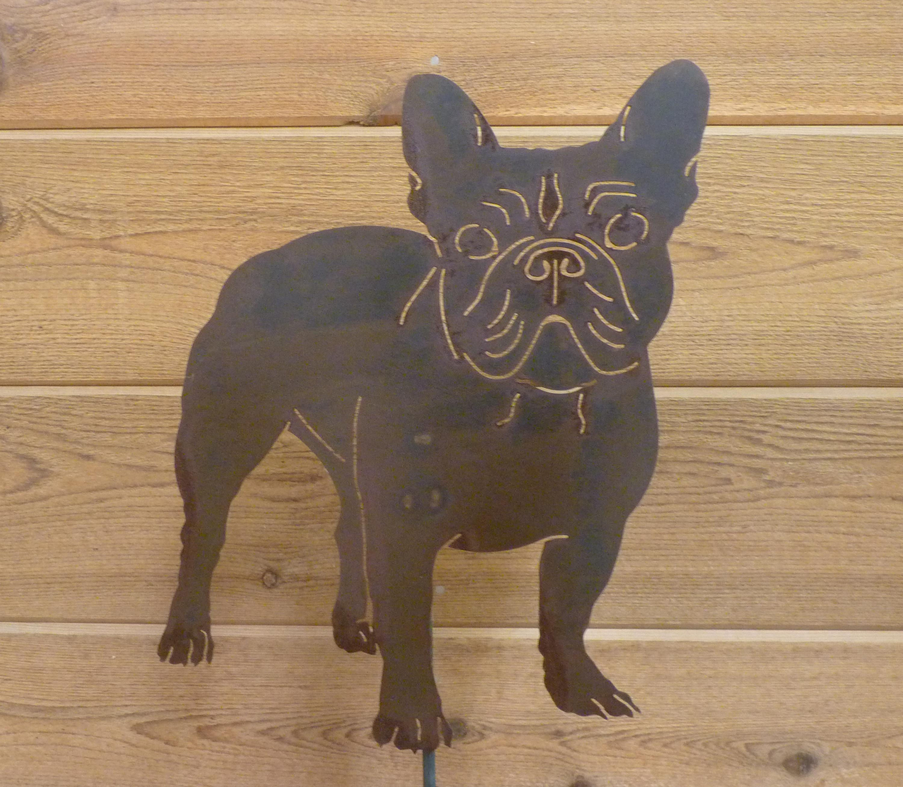 French Bulldog Garden Stake - Laser-Cut Design, Natural Rust Finish