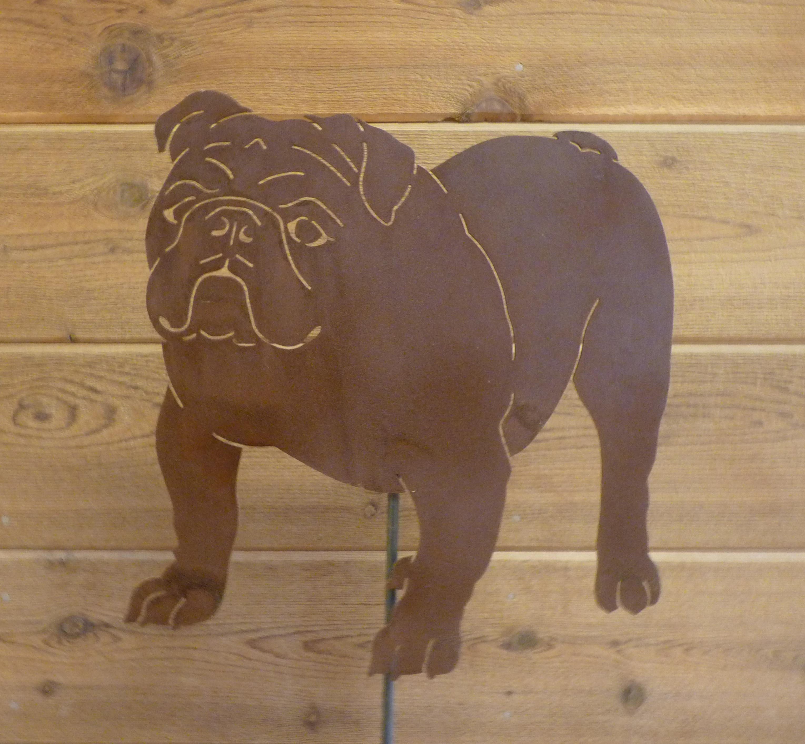 Bulldog Garden Stake - Laser-Cut Design, Natural Rust Finish