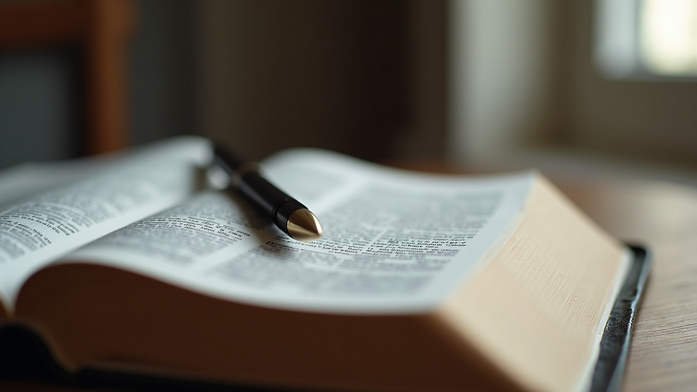 Eye-level view of an open Bible with a pen resting on its pages