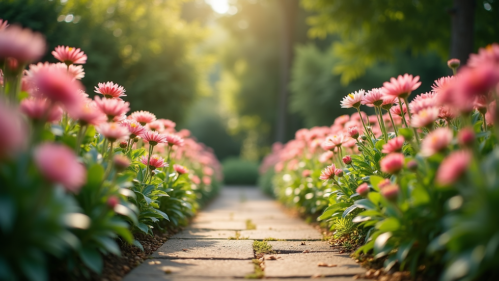 Eye-level view of a peaceful garden path lined with blooming flowers