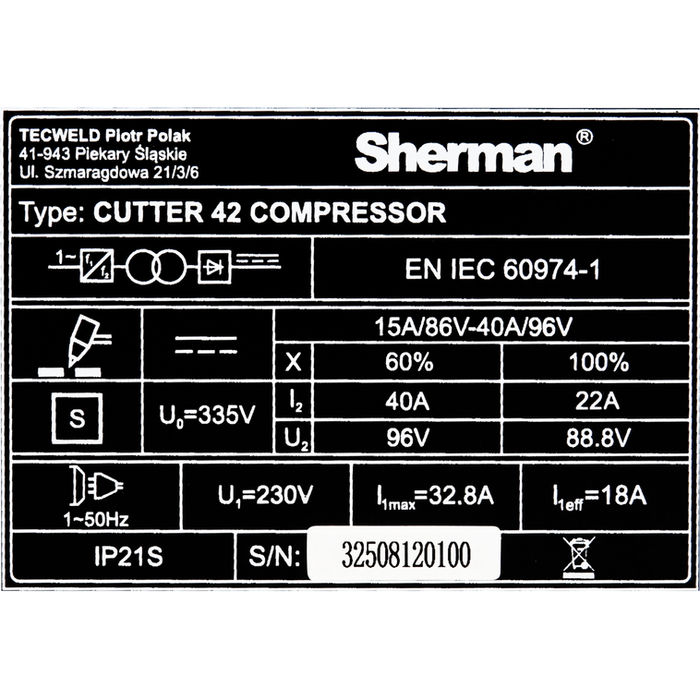 Thumbnail: Sherman CUTTER 42 COMPRESSOR Plasma Cutter Built-in Compressor 40A 20mm HF