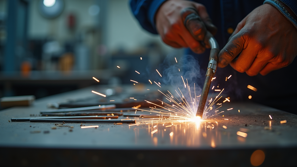 Eye-level view of welding equipment and tungsten electrodes on a workbench