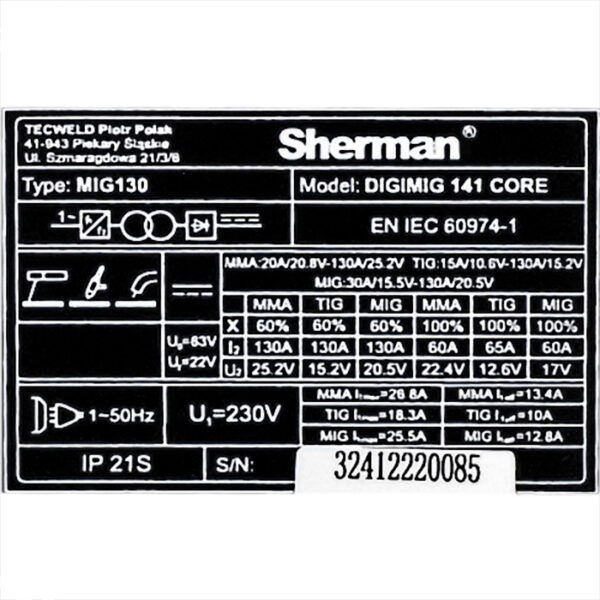 Thumbnail: Sherman DIGIMIG 141 CORE 130Amp Synergic Welder Inverter Gasless Welding MMA TIG
