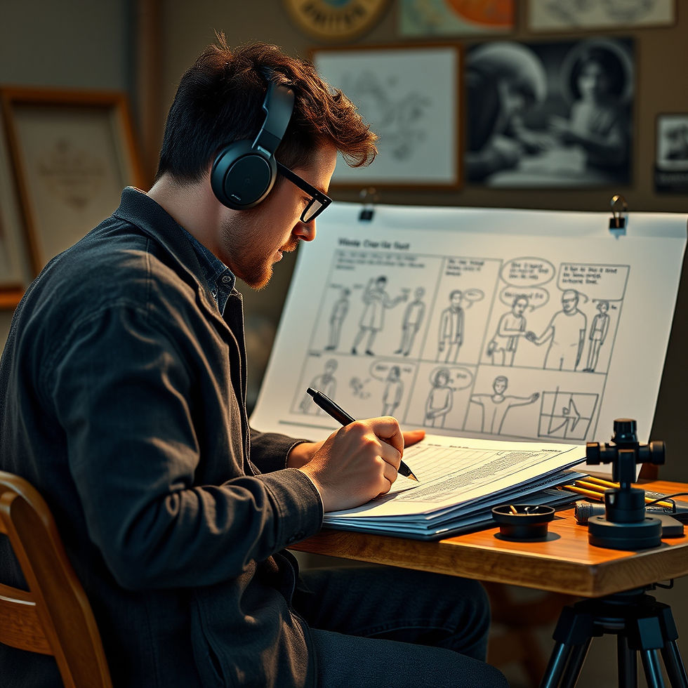 create a photographic image depicting a script writer working a video script with sketches