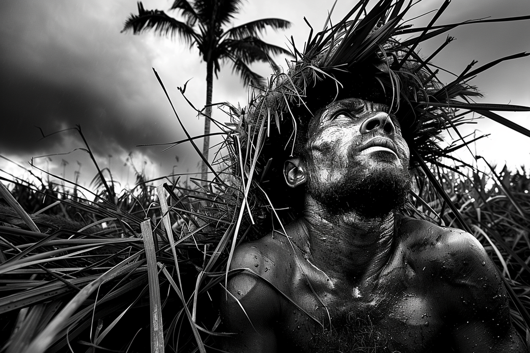 Homme en noir et blanc avec des feuillages, regardant le ciel, portrait intense et énigmatique.