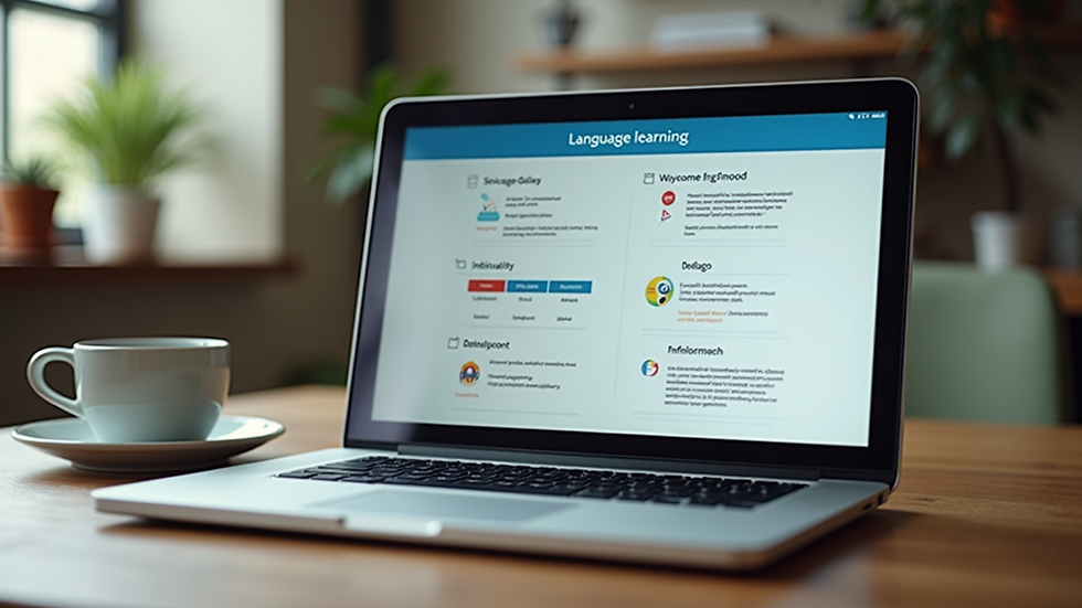 Eye-level view of a laptop displaying an interactive language learning app