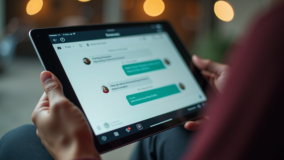 Close-up view of a tablet showing a language exchange chat conversation