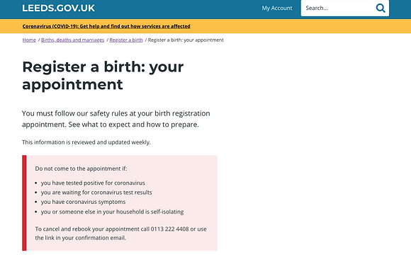 Web content about what happens at a birth registration appointment. This image is linked to full web page.