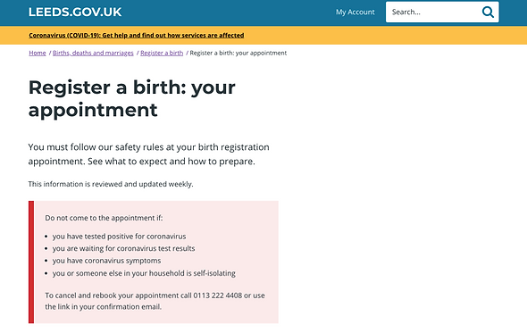 Web content about what happens at a birth registration appointment. This image is linked to full web page.