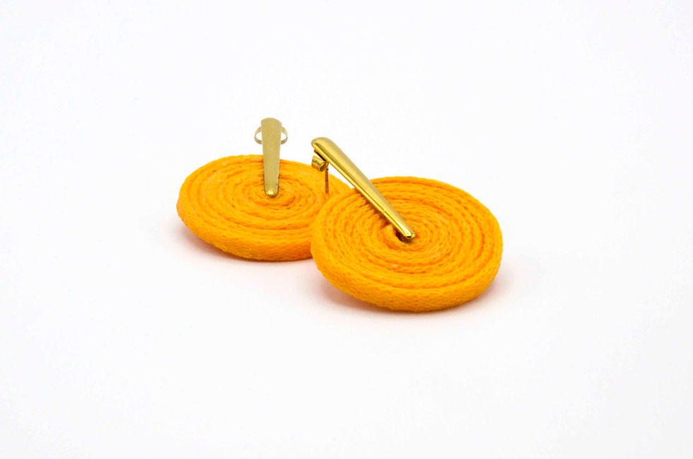 Miniatura: Pendientes textiles con forma de banjo, hechos con colores combinados.