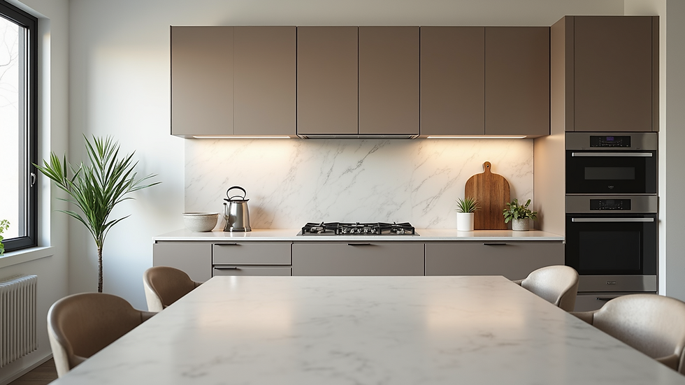 Eye-level view of modern kitchen with new cabinetry and countertops