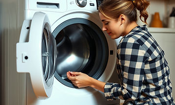an early 20's aged woman repairing a modern washing machine. the washing machine should be