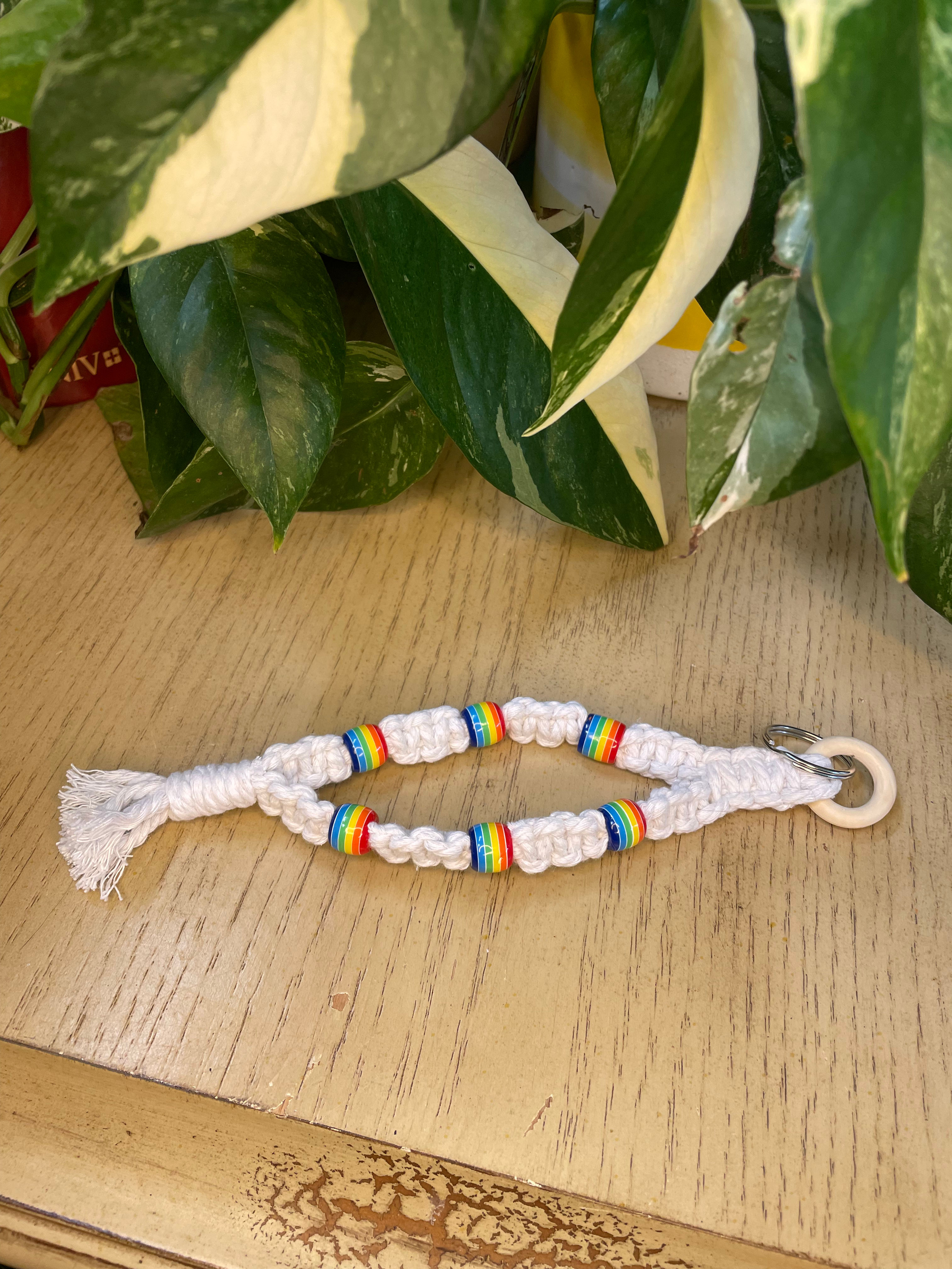 White Macrame and Rainbow Beaded Keychain 