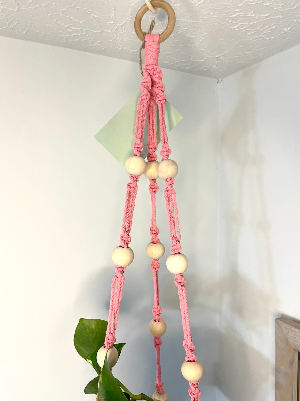 Thumbnail: Pink Macrame and Tan Beaded Plant Hanger 
