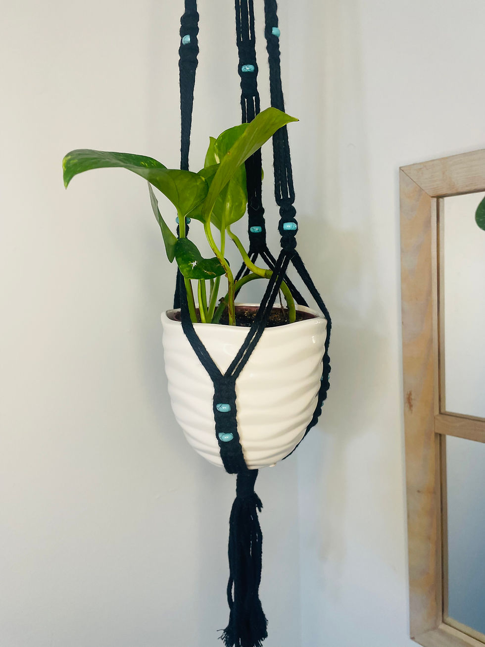Thumbnail: Black Macrame and Turquoise Beaded Plant Hanger 
